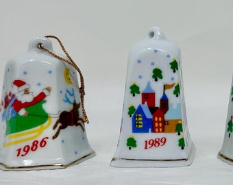 Vintage Set of 4 Porcelain Christmas Bell Ornaments 1984, 1986, 1989 – LVC & Lillian Vernon – Holiday Décor