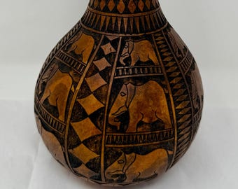 Calabaza vintage tallada a mano, arte popular, elefantes, sonajero, decoración étnica africana, adorno tribal