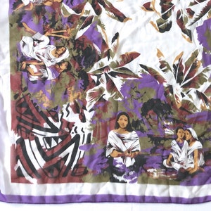 Vintage Silk Scarf – Tropical Polynesian Style – Island Women  Palm Leaves – Purple, White & Earth Tones – Souvenir Travel Wrap