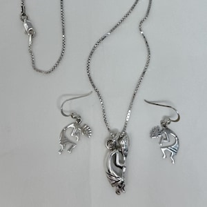 vintage Navajo sterling silver pendant chain 20&quot; & earrings fluted kokopelli dancer signed P5CL southwestern