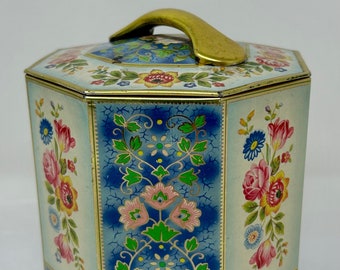 Vintage Belgium Tin Container – Floral Hexagon Metal Box with Handle Lid, Made in Belgium Decorative Storage Tin