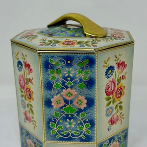 Vintage Belgium Tin Container – Floral Hexagon Metal Box with Handle Lid, Made in Belgium Decorative Storage Tin