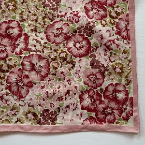 Vintage Pink Floral Silk Scarf – Square Wrap with Burgundy & Green Flowers – Romantic Spring Accessory