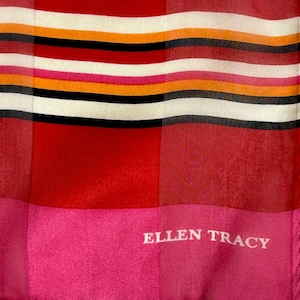 Ellen Tracy Vintage Sheer Scarf – Pink & Red Plaid with Multicolor Stripes, Long Rectangle Retro Wrap