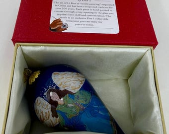 Pier 1 Li Bien Blue Angel Ornament 5" Teardrop Reverse Hand Painted Glass Boxed