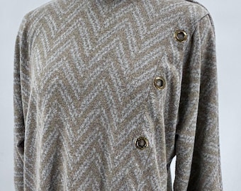 Vintage Adrienne Vittadini Sweater Top XL Gray Light Blue Chevron Knit Stretch Pullover
