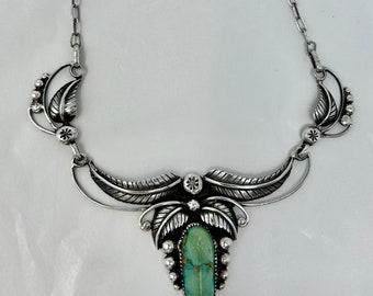 vintage southwestern sterling silver necklace green turquoise 18"