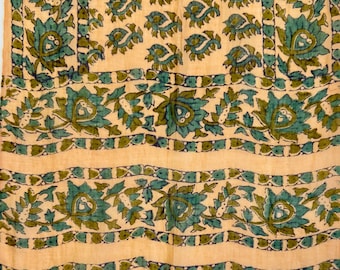 Szalik Vintage Karavan z nadrukiem blokowym, indyjski, bawełniany, długi, 11" x 47" z brzoskwiniowo-zielonym wzorem kwiatowym