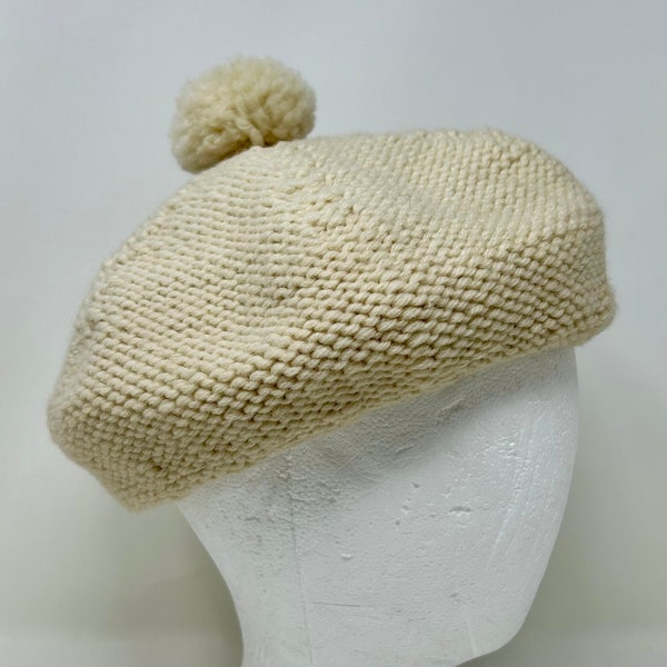 Bonnet Tam O'Shanter en laine ivoire, béret à pompons Ecosse tricoté à la main