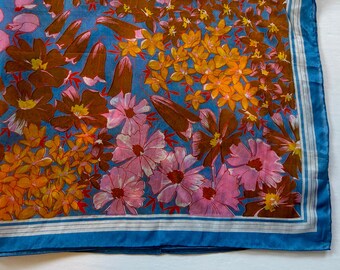 foulard vintage par Triangle bleu rose marron fleurs floral carré