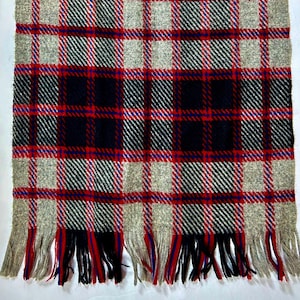 May include: A gray, black, red, and blue plaid scarf with fringe on the bottom.