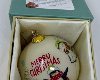 Pier 1 Li Bien Penguin Christmas Ornament 4" Reverse Hand Painted Glass With Box