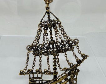 Vintage JJ Jonette Gold Tone Ship Necklace Nautical Sailing Ship Pendant Statement Piece