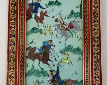 Pintura de Oriente Medio de principios del siglo XX, marquetería Khatam, marco de madera, guerreros, escena de caza, lucha