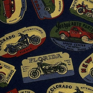 Faconnable silk tie blue vintage cars motorcycles necktie
