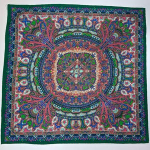 Vintage 1960s Square Scarf – Green Pink Blue Paisley Mandala – 100% Rayon – Boho Mod Print 20.5&quot; x 21.5&quot;