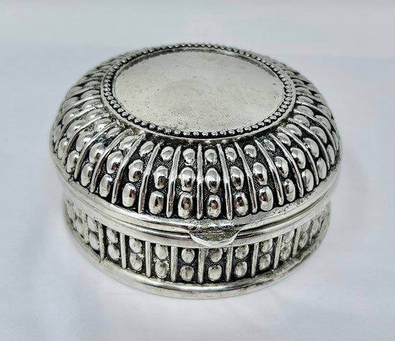 vintage round silver-plated jewelry box silver plated art deco modernist ornate