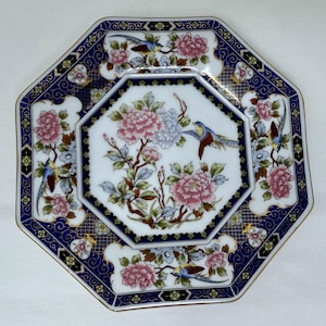 Vintage Japanese Octagon Porcelain Plate | Birds & Peonies Blue Border | 6.25&quot; Decorative Plate Made in Japan