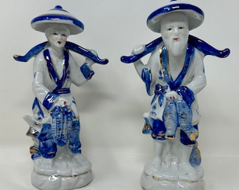 Set Frau Mann Chinese China Angeln blau weiß Keramik Porzellan
