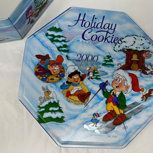 Vintage 2000 Keebler Elves Holiday Cookie Tin – Christmas Sledding Scene – Metal Storage Box