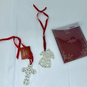Lenox Porcelain Christmas Ornaments – Angel & Cross with Red Ribbons – Gift Boxed Holiday Keepsake