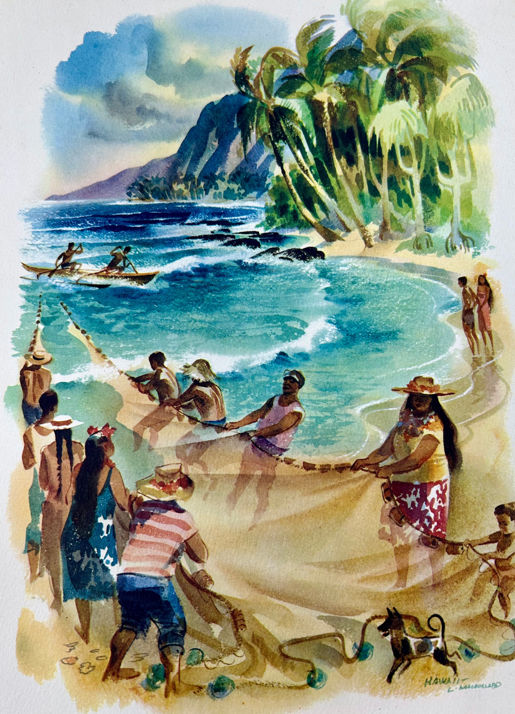 Vintage 1950s Hawaii Watercolor Print – Fishermen Casting Nets