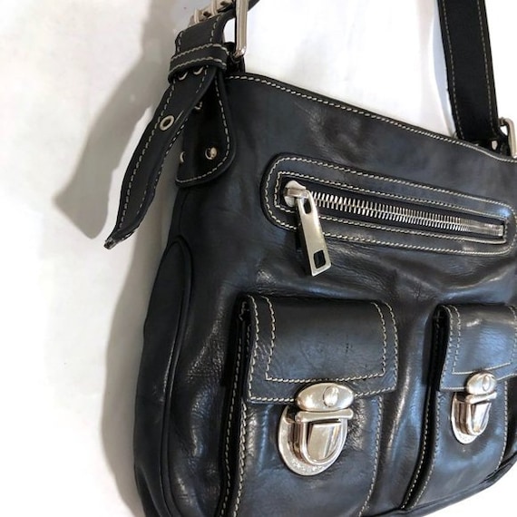 Marc Jacobs Black Leather Large Shoulder Bag Brass Push Lock Logo Purse |  eBay