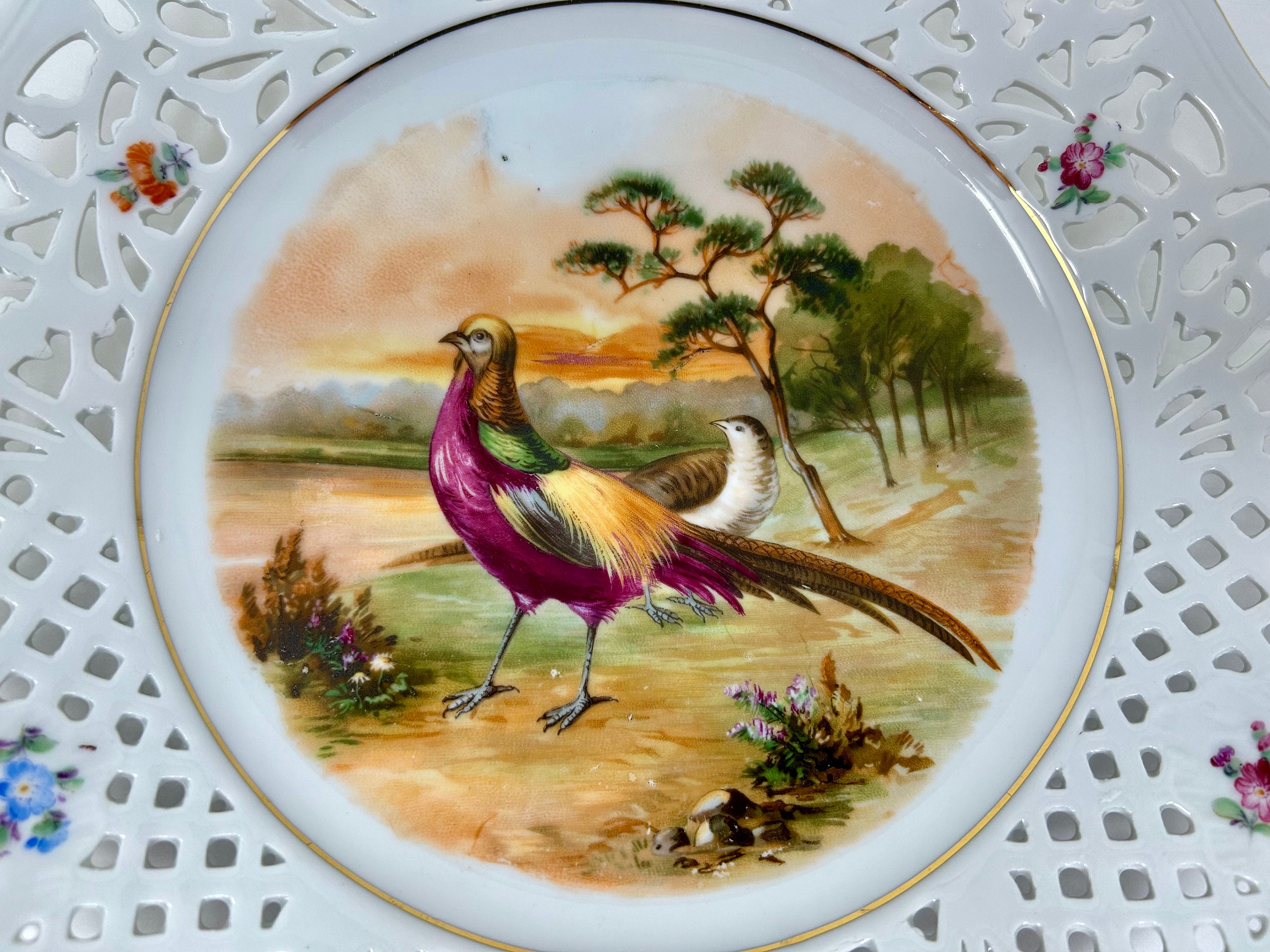 ヴィンテージ バイエルン ドイツ 網目模様 磁器 手描き プレート キジ