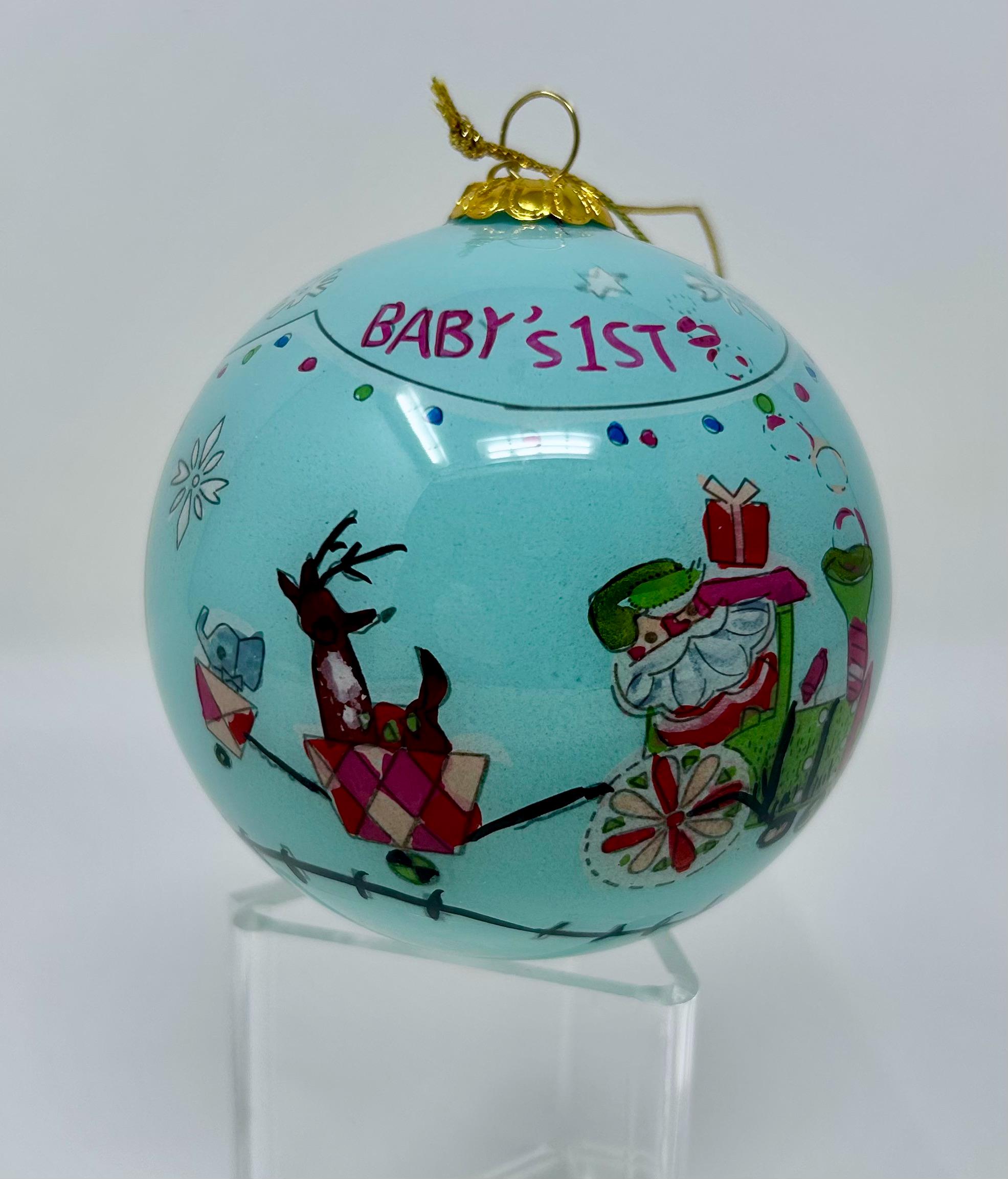 Vintage Pier One Glass Ball Reverse Painted Ornament Santa Sleigh