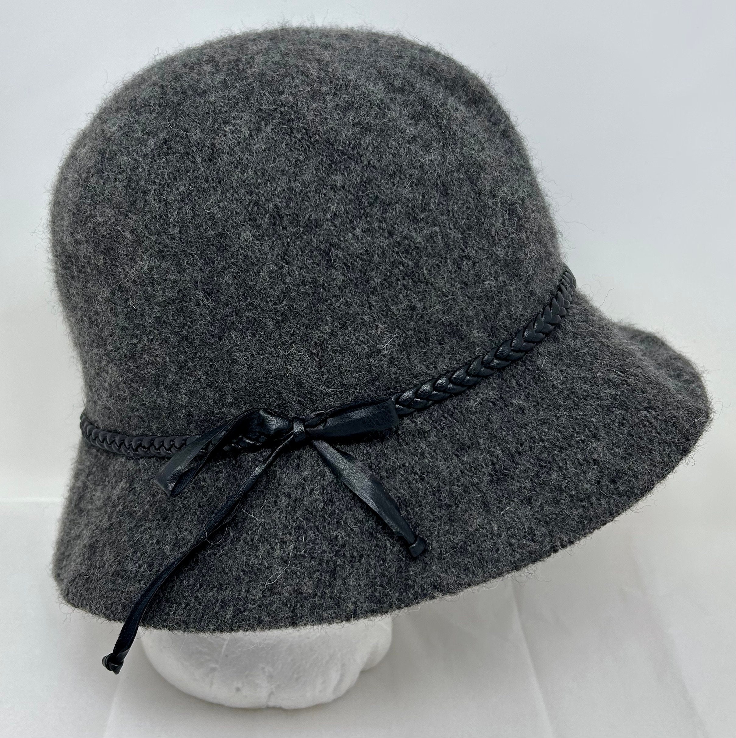 Vintage Liz Claiborne Wool Hat Weathered Gray Leather Band 