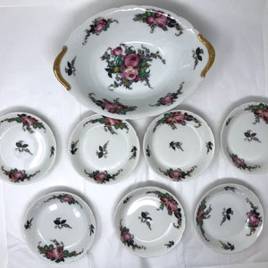 Charles Field Haviland Limoges 8-Piece Set – Pink Rose Berry Bowls & Oval Serving platter berry dishes serving bowl oval