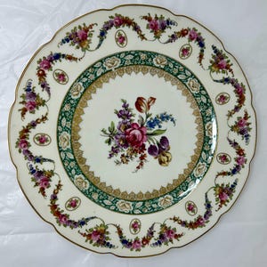 Vintage Schumann Bavaria Dresden bord – 11 bloemen displaybord – Zeldzaam China – gouden rand, groene slinger, romantisch boeket – Duitsland