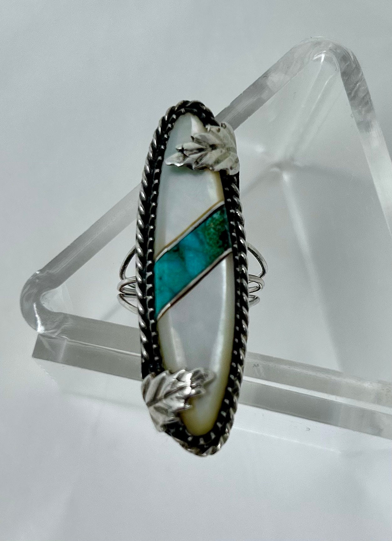 Native American Sterling Silver Mother of Pearl Turquoise Stripe 