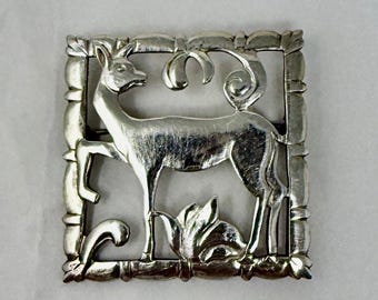 Broche vintage de ciervo en plata de ley Taxco, estilo modernista mexicano, con figura de animal, estilo caprichoso de mediados de siglo, estudio de joyería RLA Maker
