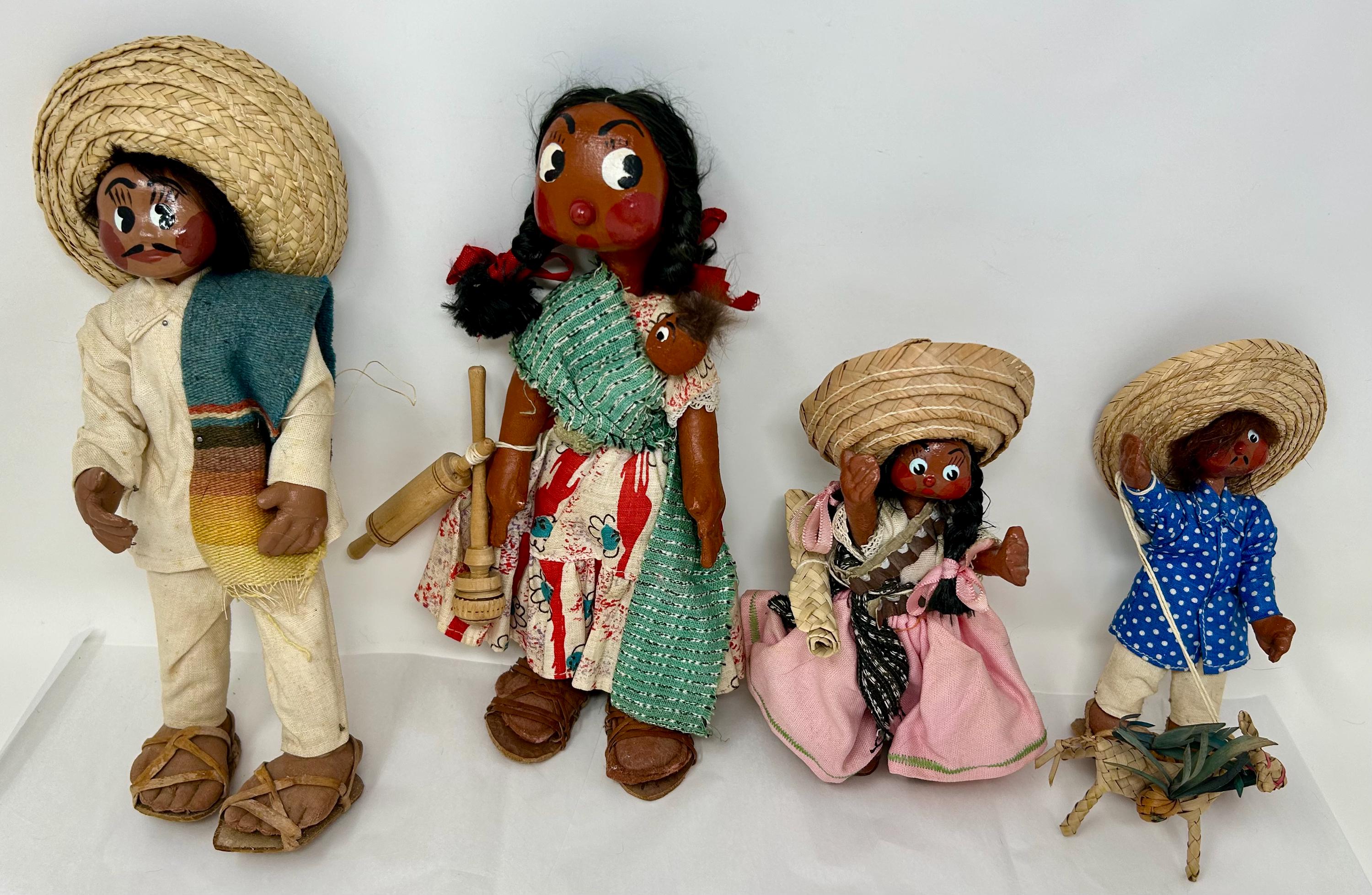 Vintage Set of 4 Mexican Mexico Guadalajara Clay Dolls Big Eyes
