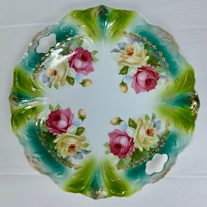 P S Germany porcelain painted plate tray handles floral flowers roses shallow dish