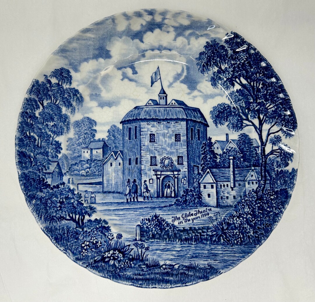 Vintage Shakespeares Country Ironstone England 8 Plate Blue White Globe