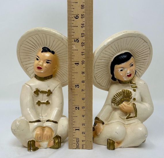 Set of 2 Vintage 1950's Chalkware Chalk Figurines Boy Girl Asian