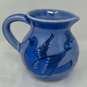 Mexico Mexican pottery ceramic blue bird painted pitcher signed