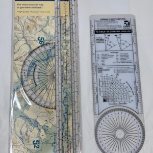 May include: Two navigation tools: a Jeppesen PN-1 Navigation Plotter with a map design and a Cessna Flight Computer. The plotter has rulers and a protractor. The flight computer has scales and diagrams for calculations. Both are designed for aviation.