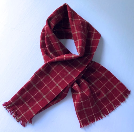 vintage 100% wool scarf windowpane plaid red tan … - image 1