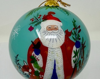Pier 1 Li Bien Santa Ornament 5" Large Reverse Hand Painted Glass Christmas Ornament Original Box