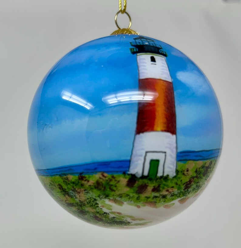 Lighthouse Ball Vintage Reverse Painted Glass Ball Ornament Lighthouse KP Seaside Sea ...