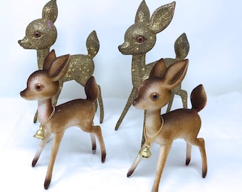 4 renas vintage de feltro com glitter dourado e marrom para decoração de Natal, estilo moderno de meados do século (MCM), reconhecidas pela UNESCO.