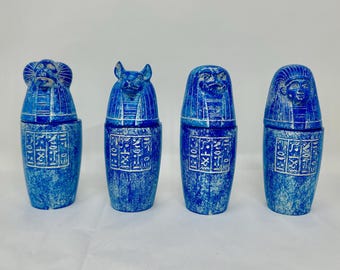 エジプト復興期のカノプス壺4個セット - 青い陶器のホルスの息子たち