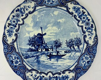 Vintage original Blauw Delfts 12" Plate charger Windmill Netherlands Holland wall display