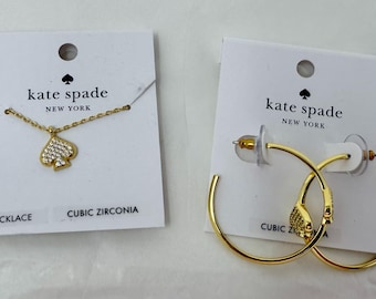 vintage Kate Spade Everyday Spade Gold Necklace & Hoop Earrings set| Pavé Cubic Zirconia | New on Card