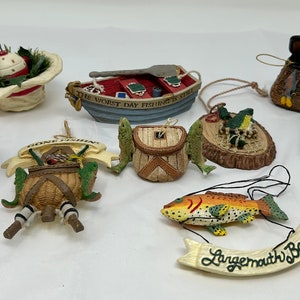 set of 9 vintage fishing ornaments resin tin fish creel boat hat fisherman sea
