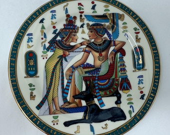 コレクション NEFERTITI 22K Hand Paint PORCELAIN PLATE Nefertiti & Tutankhamun Porcelain Plates: 22K Gold Egypt Decor
