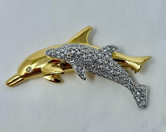 Broche Dauphin Or émail Noir Et Blanc - Œil Cristal Diamant - Modèle 436 - Occasion
